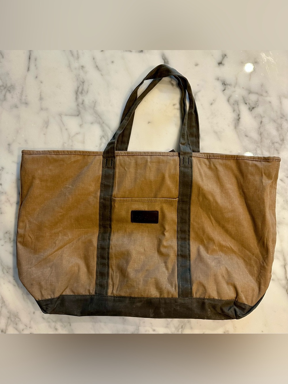 LL Bean LargeWaxed Canvas Utility Tote Bag - Khaki w/Green - zip closure